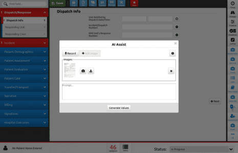 A web interface displays a pop-up window titled "AI Assist" with options to record, add image, and enter a prompt; the main Dispatch Info screen is visible in the background.
