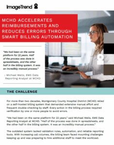A flyer describes how Montgomery County Hospital District improved billing accuracy and reimbursements by switching from a manual system to smart billing automation using ImageTrend.