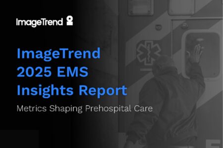 A person touches the back door of an ambulance. Text reads, "ImageTrend 2025 EMS Insights Report. Metrics Shaping Prehospital Care.