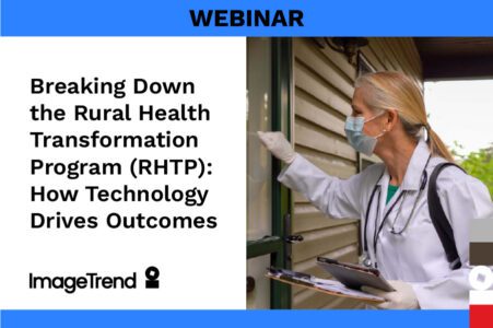 A female healthcare worker in a mask and lab coat knocks on a door, holding a clipboard. Text promotes a webinar about rural health technology outcomes by ImageTrend.