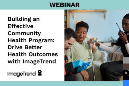 Three people, including a healthcare worker and a woman with a cane, have a discussion while the healthcare worker uses a tablet; webinar promotional text appears on the left.