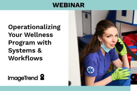 A woman wearing medical gloves and a mask sits in a clinical setting next to text about a webinar on wellness program systems and workflows.