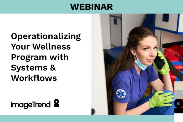 A woman wearing medical gloves and a mask sits in a clinical setting next to text about a webinar on wellness program systems and workflows.