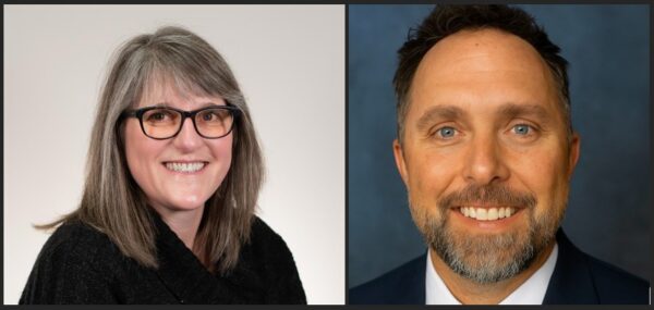 Side-by-side portraits of a smiling woman with glasses and gray hair on the left, and a smiling man with short brown hair and beard on the right.