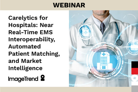 Webinar promotion image showing a doctor in a white coat with digital healthcare icons and text about EMS interoperability and patient matching for hospitals.