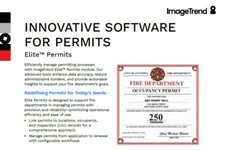 A digital flyer for ImageTrend Elite Permits shows a sample fire department occupancy permit alongside text describing the software’s features for permit management and process automation.