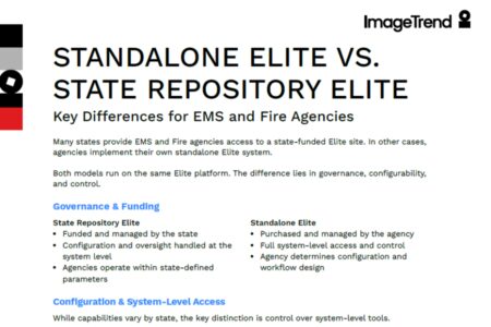 Screenshot of a document comparing Standalone Elite and State Repository Elite EMS software, outlining differences in governance, funding, and system-level access.