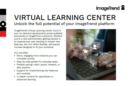 A person types on a laptop with virtual icons overlaid; text describes ImageTrend's Virtual Learning Center features and offerings.