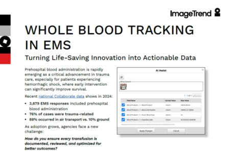 A presentation slide titled "Whole Blood Tracking in EMS" discusses the importance of prehospital blood administration and displays EMS data statistics and a screenshot of a software interface.