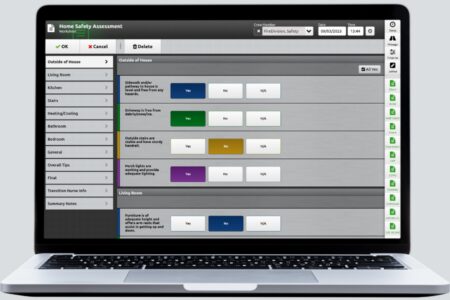 A laptop displays a "Home Safety Assessment" form, showing various checklist items with Yes, No, and N/A options in a digital interface.