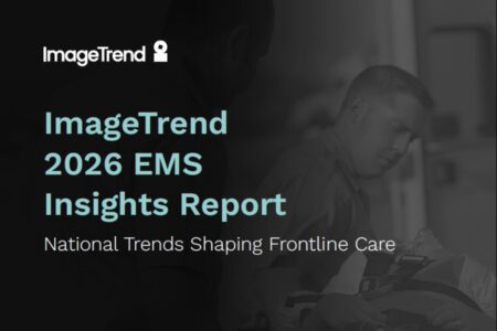 Cover image for the "ImageTrend 2026 EMS Insights Report" featuring a healthcare professional attending to a patient, with text highlighting national trends in frontline care.