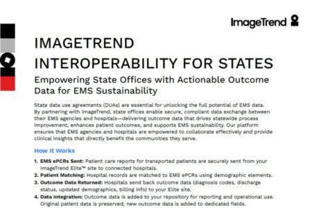 Screenshot of a document titled "IMAGETREND INTEROPERABILITY FOR STATES," detailing how ImageTrend enables secure, interoperable EMS data exchange for state sustainability and outcome analysis.