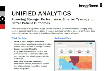 Screenshot of an ImageTrend webpage about Unified Analytics, featuring key benefits, a dashboard view with charts and a US map, and text on improving data access and patient outcomes.