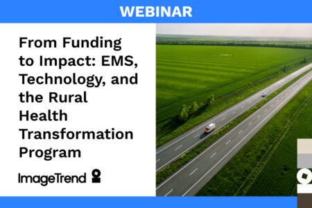 Webinar advertisement featuring a rural highway with emergency vehicles and text about EMS, technology, and the Rural Health Transformation Program.