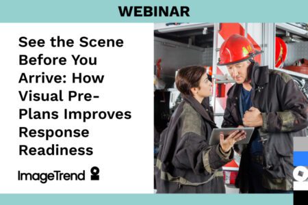 Two firefighters in uniform review information on a digital tablet next to a fire truck; text promoting a webinar about visual pre-plans for emergency response readiness is displayed.