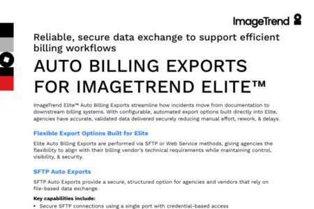 A document titled "Auto Billing Exports for ImageTrend Elite" outlining features for secure, efficient data exchange and export options for billing workflows.