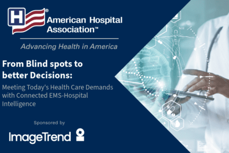 A healthcare professional uses a tablet; American Hospital Association text highlights EMS-Hospital intelligence, sponsored by ImageTrend.