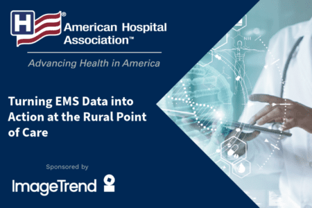 A digital graphic for the American Hospital Association webinar on using EMS data at rural care points, sponsored by ImageTrend, with a person using a tablet and digital medical icons.