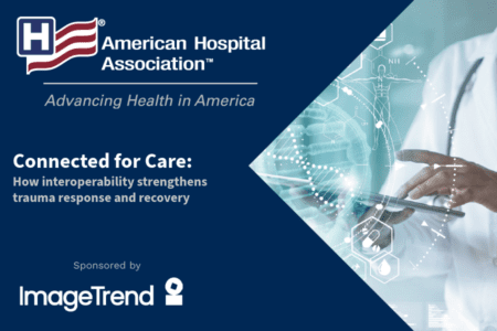 American Hospital Association graphic showing a person using a tablet with digital icons, promoting trauma care interoperability and sponsored by ImageTrend.
