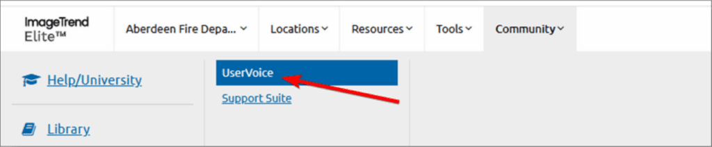 A website menu bar with options and a red arrow pointing to the "UserVoice" button in the Community section.
