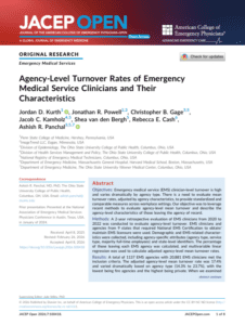 Screenshot of a research article titled "Agency-Level Turnover Rates of Emergency Medical Service Clinicians and Their Characteristics" published in JACEP Open, displaying authors and abstract.