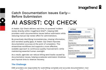 Screenshot of an ImageTrend webpage describing AI Assist: CQI Check, an AI-powered tool for reviewing EMS documentation and improving accuracy and efficiency before submission.