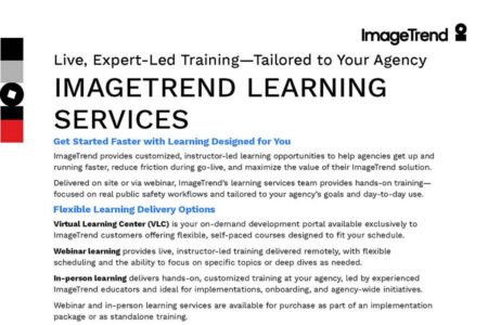 Screenshot of an informational flyer for ImageTrend Learning Services, describing expert-led training options including virtual, webinar, and in-person delivery for agency education.