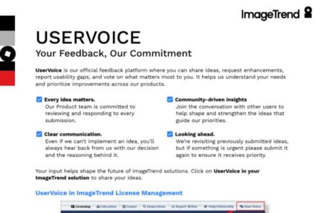 Screenshot of a webpage introducing UserVoice, ImageTrend’s feedback platform, highlighting features like idea review, community input, clear communication, and transparent updates.