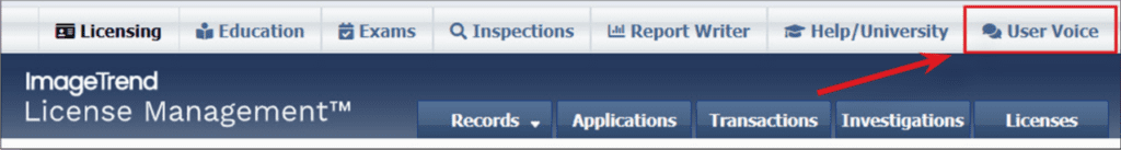 Screenshot of a software interface showing navigation tabs; a red box and arrow highlight the "User Voice" tab in the upper right corner.