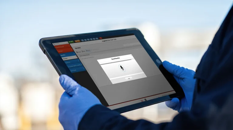 Person wearing blue gloves holds a tablet showing a voice recording interface on the screen, with blurred outdoor background.