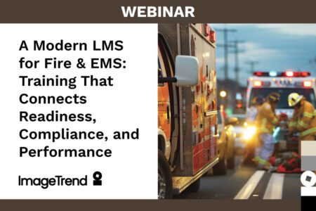 Webinar promotion for a modern LMS for Fire & EMS, featuring emergency vehicles and responders at a scene on a road.