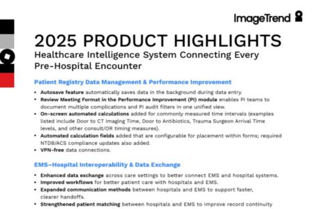 A document titled "2025 PRODUCT HIGHLIGHTS" lists features of a healthcare intelligence system, including data management, calculations, VPN, and EMS data exchange improvements.