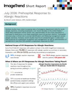 Infographic titled "July 2026: Prehospital Response to Allergic Reactions" with statistics, graphs, and a map highlighting EMS calls for anaphylaxis across the US.