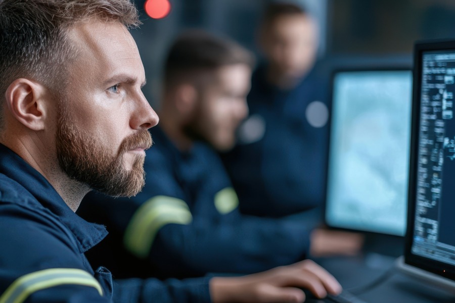 A man in uniform focuses on a computer screen, with two other uniformed individuals working at monitors in the background.