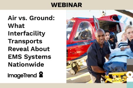 EMS workers load a patient on a stretcher into a red helicopter beside a webinar text about air and ground interfacility transports.