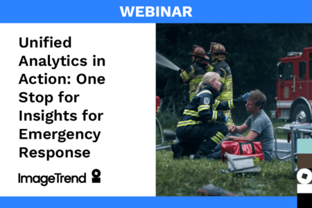 Webinar ad with text about emergency response analytics; photo shows firefighters assisting a seated person in front of a fire truck.