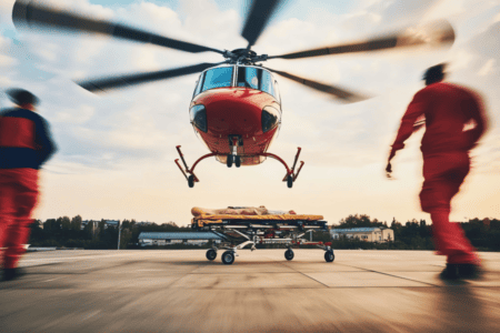 A red medical helicopter is landing near a stretcher on a helipad, with two people in uniforms standing nearby. The scene appears urgent and is set outdoors at sunset.
