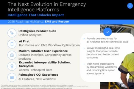 Slide outlining 2026 EMS and rescue platform goals: unified analytics, workflow optimization, improved user experience, data accessibility, interoperability, and reimagined CQI features.