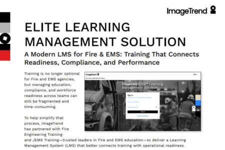 A webpage for ImageTrend’s Elite Learning Management Solution for Fire & EMS, featuring text about its benefits and a background photo of emergency vehicles and responders.