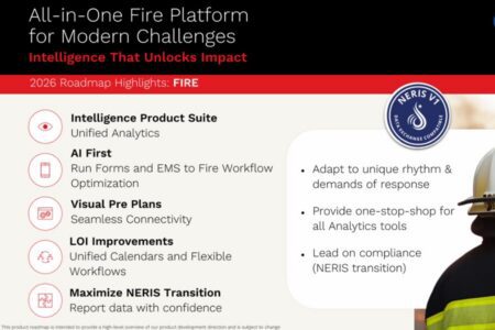 Presentation slide outlining features of a fire management platform, including unified analytics, workflow optimization, visual plans, and compliance, with a NERIS VT logo and a firefighter image.