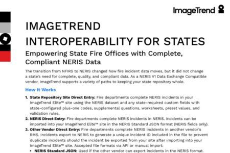 Screenshot of a document outlining ImageTrend’s interoperability solutions for state fire offices, explaining data entry methods into NERIS and benefits of compliant data exchange.