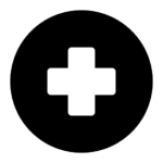 A white medical cross symbol centered inside a solid black circle on a plain background.