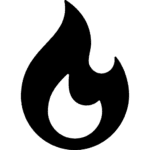 Black flame icon on a white background, stylized with a round base and pointed tip, representing fire or heat.