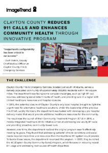 Front page of a case study on Clayton County’s 911 health program, featuring a photo of a fire truck and paramedics beside a “Community Response Unit” vehicle. Text highlights program results.