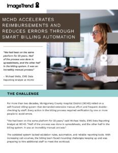 A woman wearing glasses works at a computer in an office. Text highlights automation benefits in hospital billing and a quote about reduced manual processes.