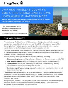 A case study page describes how Pinellas County, FL, unified EMS and fire operations using a technology solution, highlighting improved response and efficiency during hurricanes.