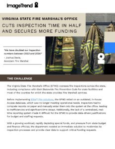 A document highlights how Virginia’s Fire Marshal’s Office improved inspection speed and funding using new software, with a quote from Joshua Davis and a photo of a firefighter’s jacket.