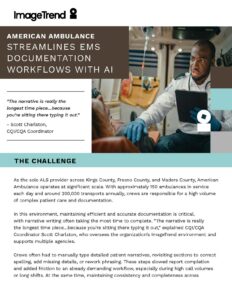 A marketing flyer for ImageTrend describes how its AI streamlines EMS documentation, featuring a quote from a CQI/CQA Coordinator and a summary of documentation challenges.