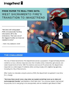 A firefighter stands in front of a fire truck; overlayed text discusses West Sacramento Fire’s switch to digital reporting with ImageTrend, quoting Battalion Chief Mark Hull.