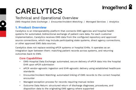 Screenshot of a technical overview document for Carelytics, showing core EMS-hospital data exchange capabilities and features, including ePCR automation and encounter/incident matching.